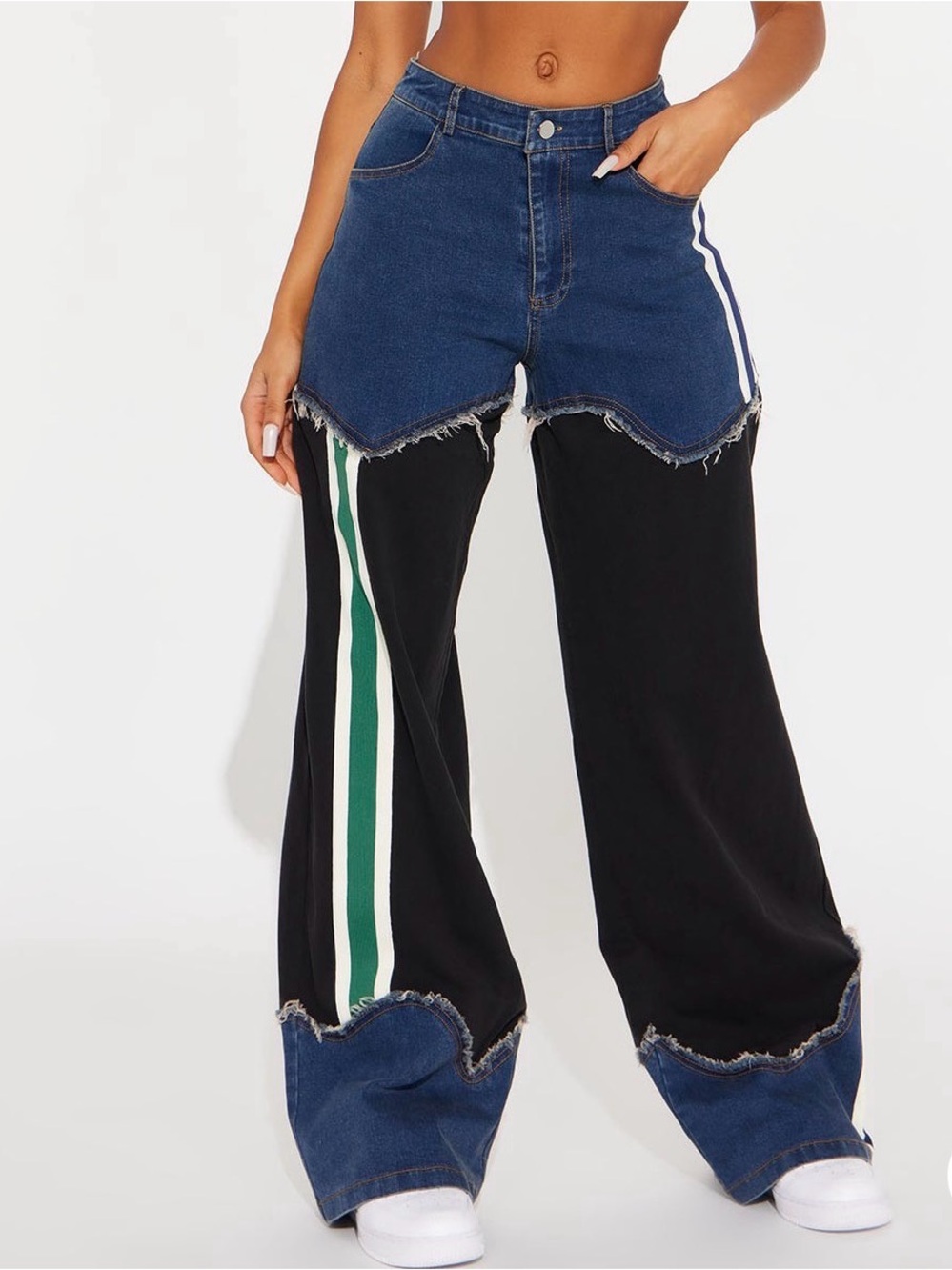 Fashion Nova Two-Tone Blue & Black Wide-Leg Jeans with Green & White Stripes